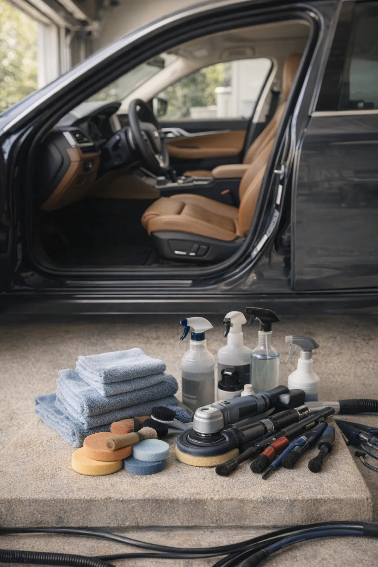 Clean microfiber towels, fresh pads, and detailing tools arranged beside a cleaned vehicle interior