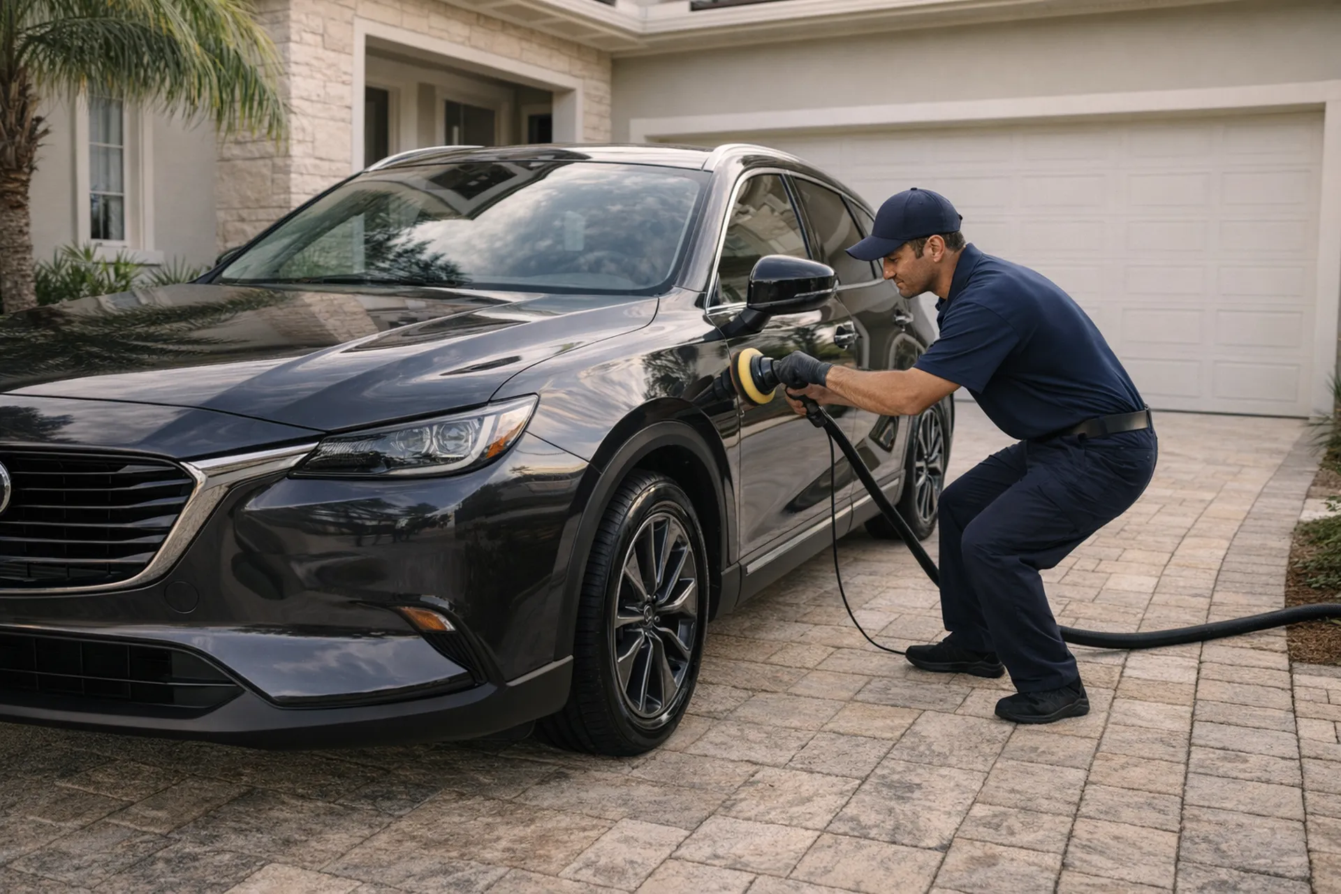 Professional detailer polishing a dark SUV in a residential driveway