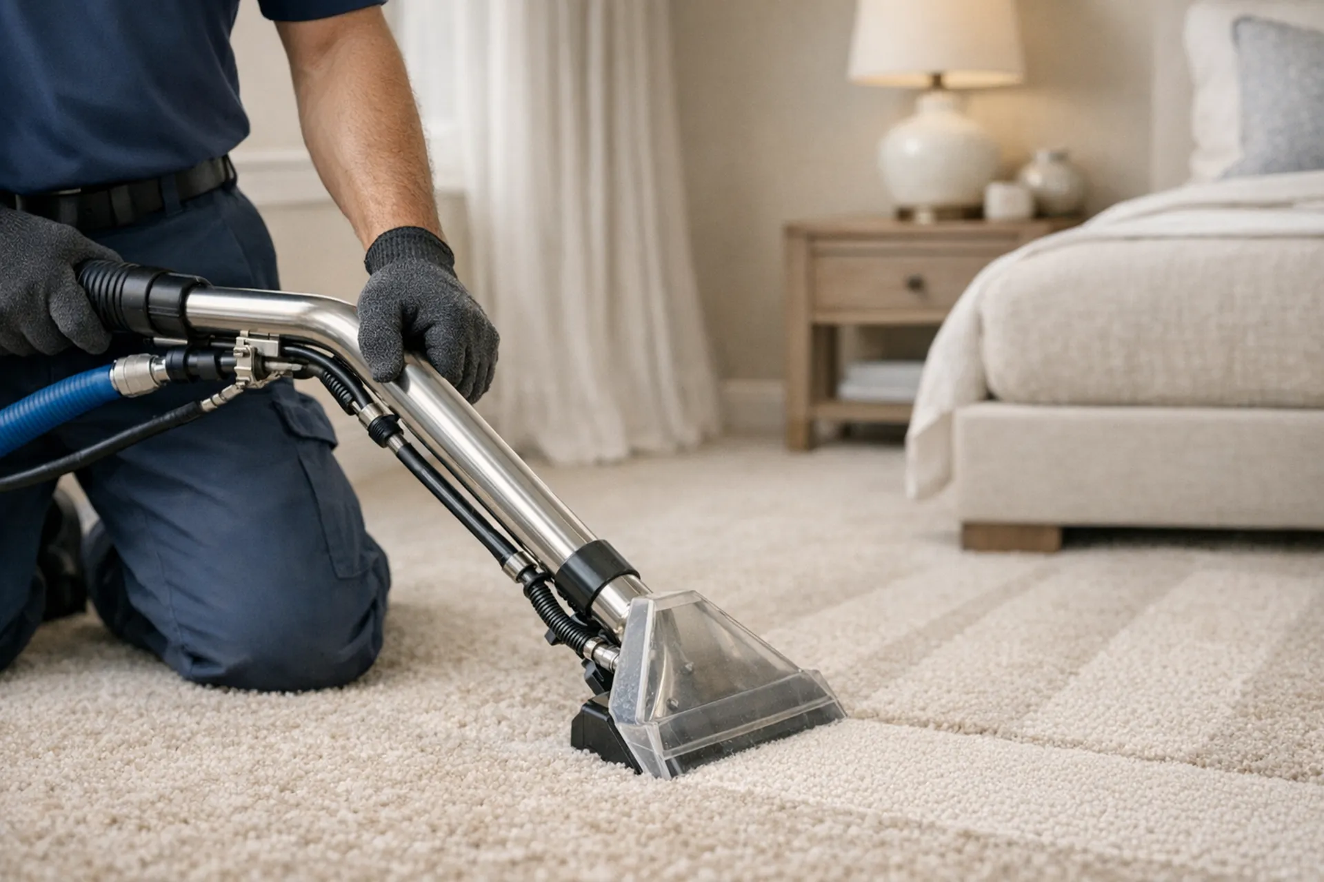 Close detail of carpet extraction cleaning in a neutral bedroom